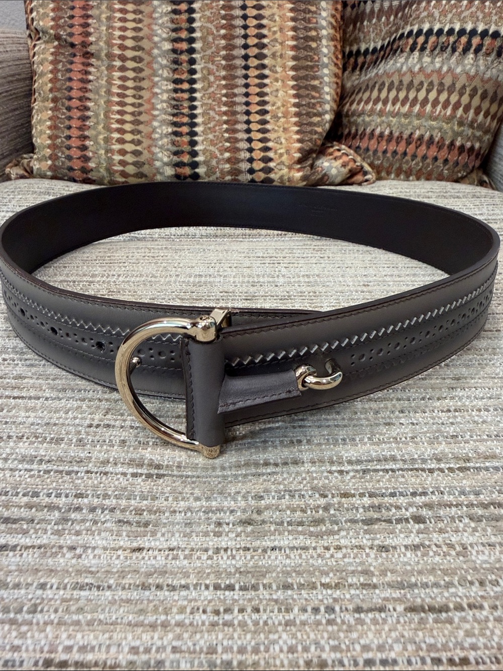 Gucci Womens’ Leather Dress Belt in Gray and Tan with Gold Buckle Sz 32